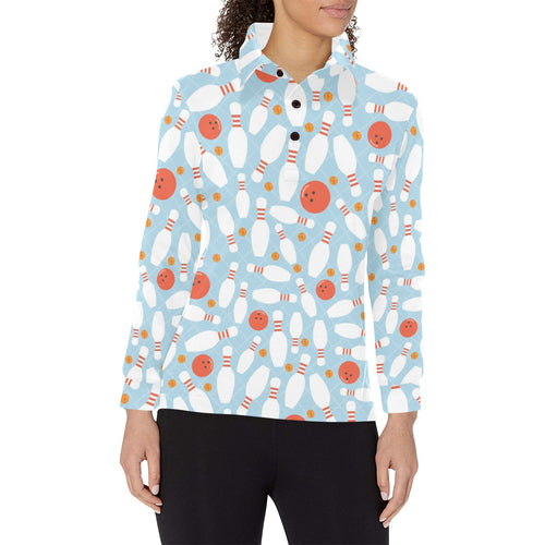 Bowling ball bowling pins blue blackground Women's Long Sleeve Polo Shirt