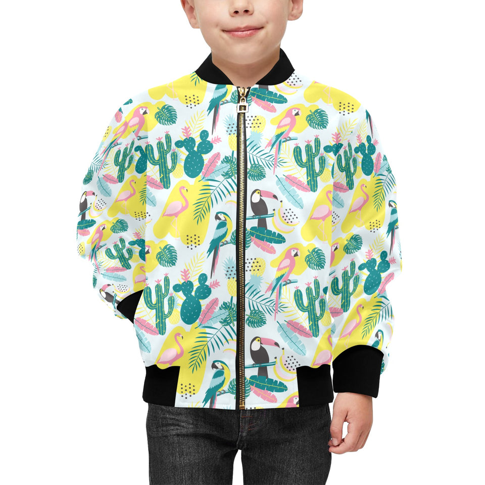 Cute parrot toucan flamingo cactus exotic leaves p Kids' Boys' Girls' Bomber Jacket