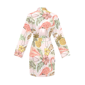 Pink flamingo birds pineapples hibiscus flower pat Women's Long Sleeve Belted Night Robe