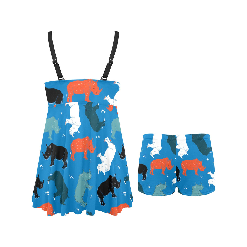 Colorful rhino pattern Chest Sexy Pleated Two Piece Swim Dress