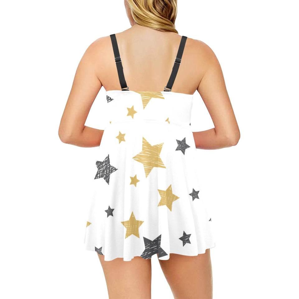 hand drawn gold black star pattern Chest Sexy Pleated Two Piece Swim Dress