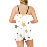hand drawn gold black star pattern Chest Sexy Pleated Two Piece Swim Dress