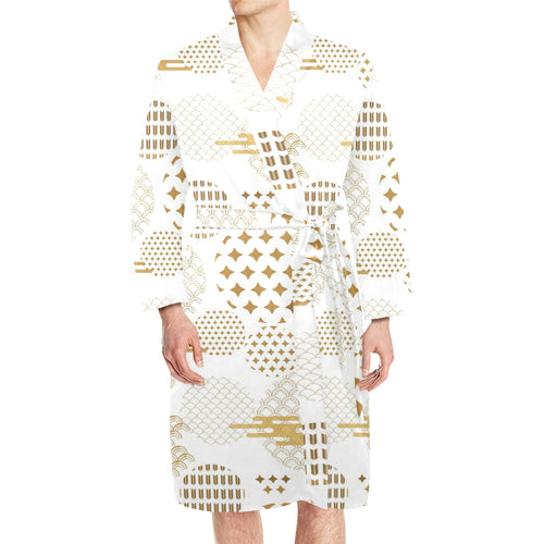 Beautiful gold japanese pattern Men's Long Sleeve Belted Night Robe