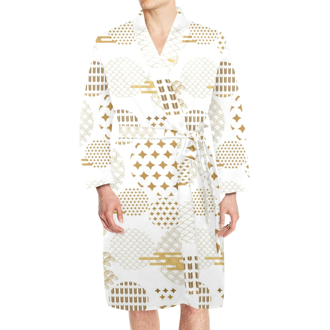 Beautiful gold japanese pattern Men's Long Sleeve Belted Night Robe