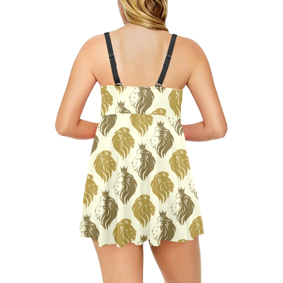 Lion Pattern Print Design 02 Chest Sexy Pleated Two Piece Swim Dress