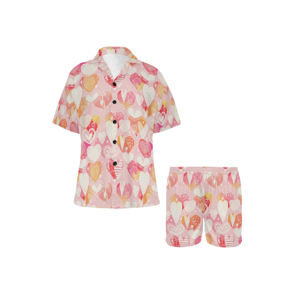 Hand drawn heart design pattern Women's V-Neck Short Pajama Set