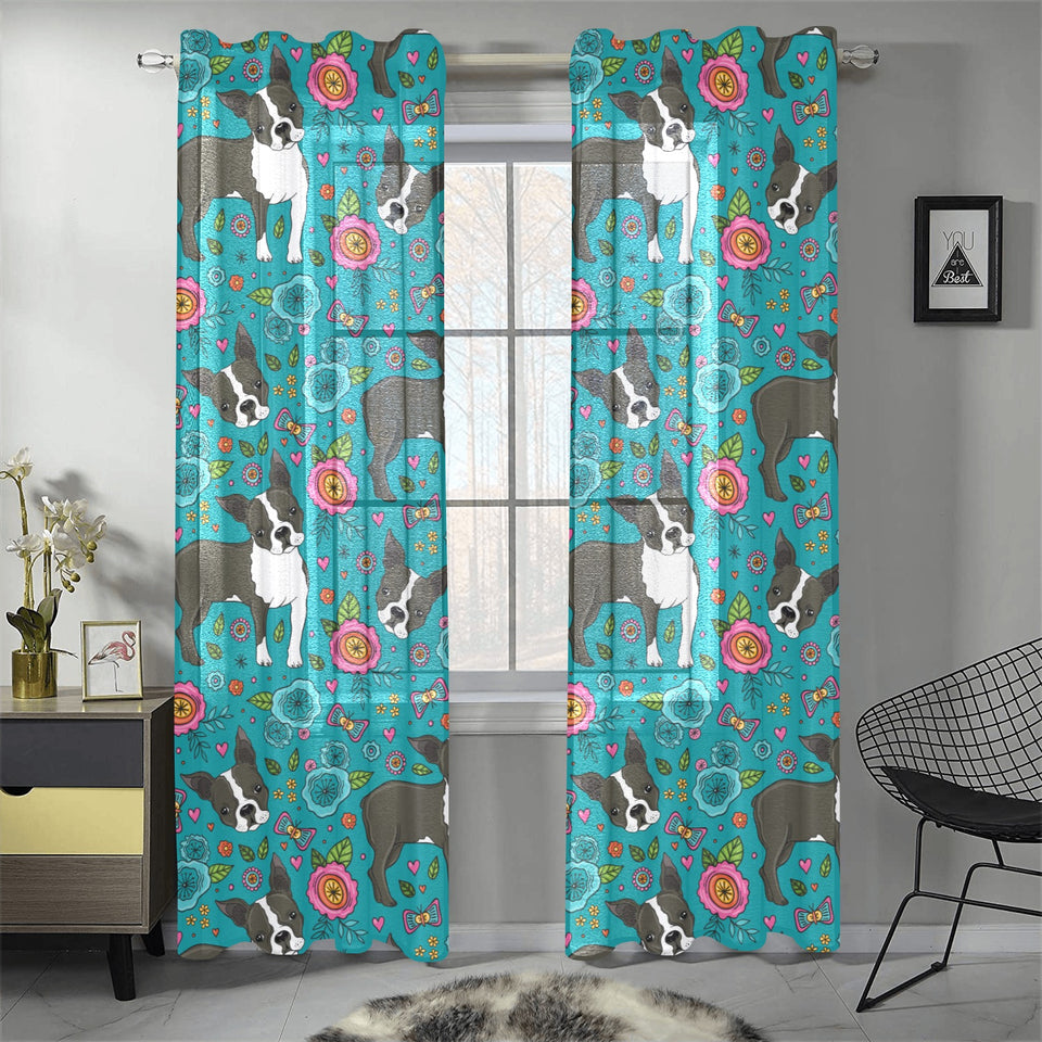 Boston terrier beautiful flower pattern Gauze Curtain