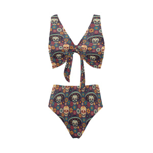 Sugar skulls flower maxican pattern Chest Bowknot High Waisted Bikini Swimsuit