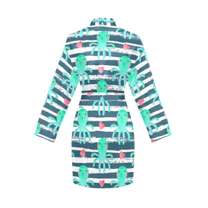Cute octopuses heart striped background Women's Long Sleeve Belted Night Robe