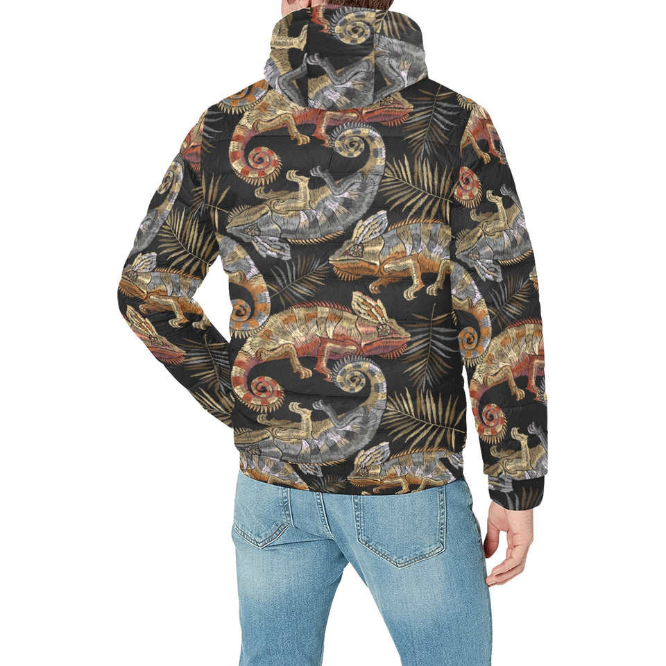 Chameleon lizard tropical leaves palm tree Men's Padded Hooded Jacket