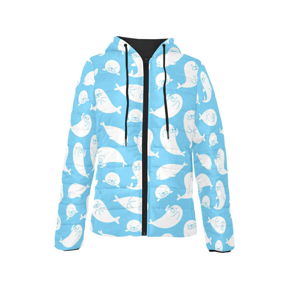 Cute white sea lion seals pattern Women's Padded Hooded Jacket