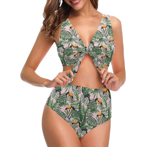Toucan tropical green jungle palm pattern Chest Bowknot High Waisted Bikini Swimsuit