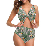 Toucan tropical green jungle palm pattern Chest Bowknot High Waisted Bikini Swimsuit