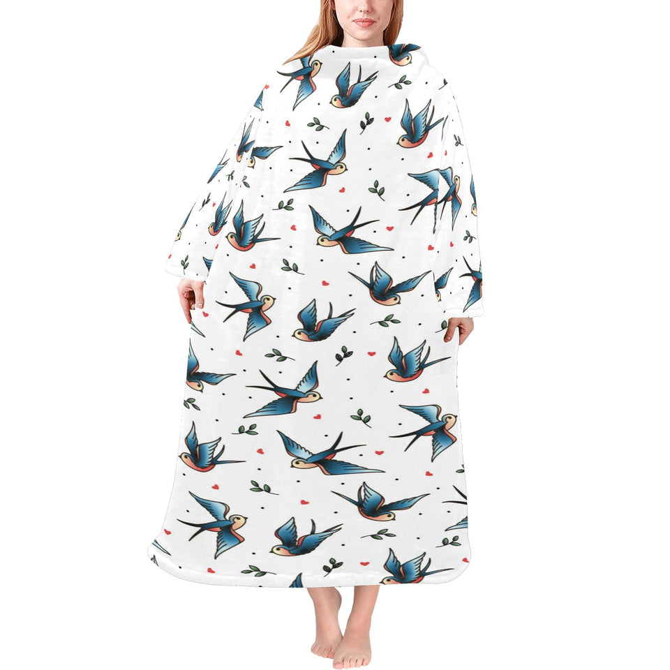 Swallow Pattern Print Design 04 Blanket Robe with Sleeves