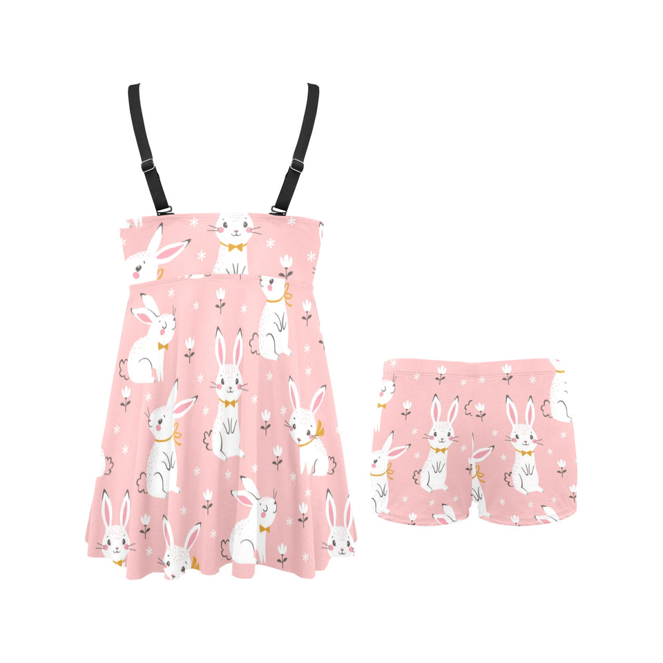 Cute white rabbit flower pink background Chest Sexy Pleated Two Piece Swim Dress