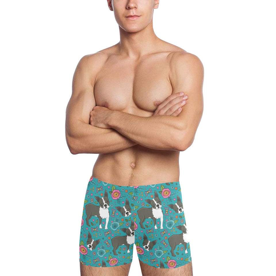 Boston terrier beautiful flower pattern Men's Swimming Trunks