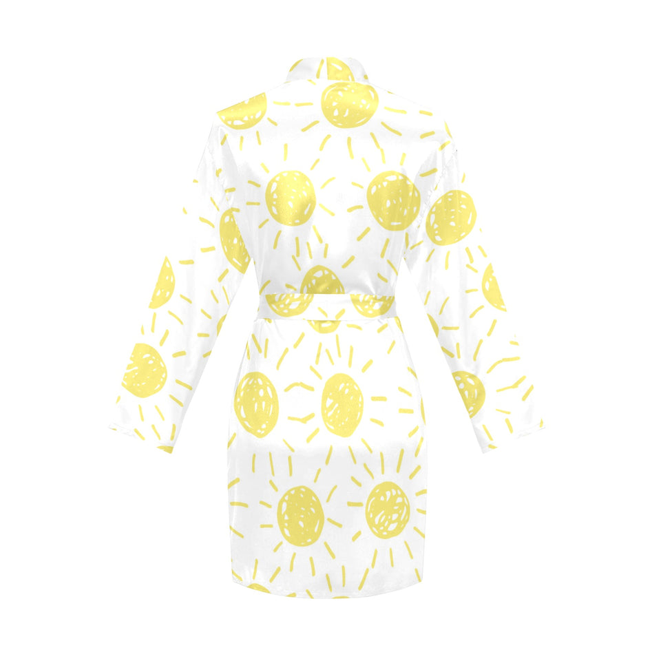 hand drawn sun pattern Women's Long Sleeve Belted Night Robe