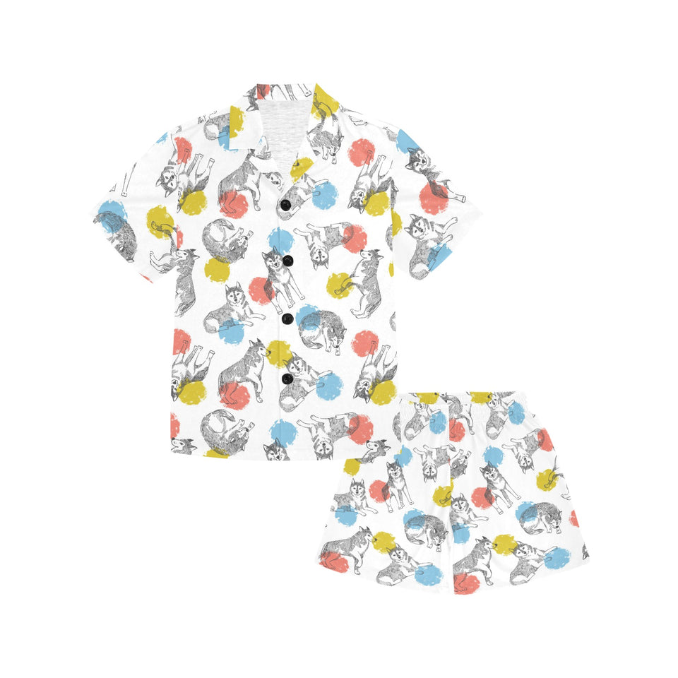Siberian husky and colorful circle pattern Kids' Boys' Girls' V-Neck Short Pajama Set
