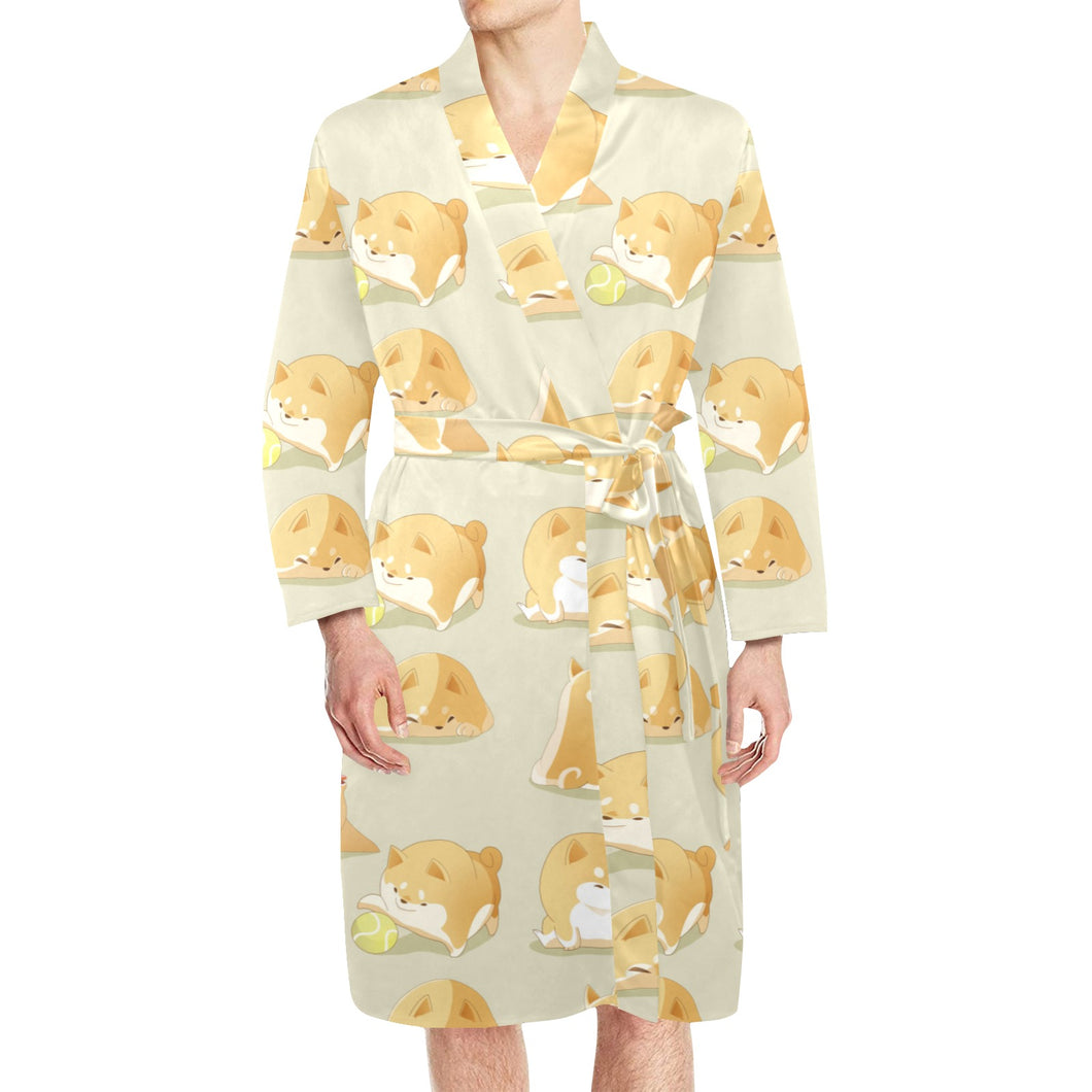 Cute fat shiba inu dog pattern Men's Long Sleeve Belted Night Robe
