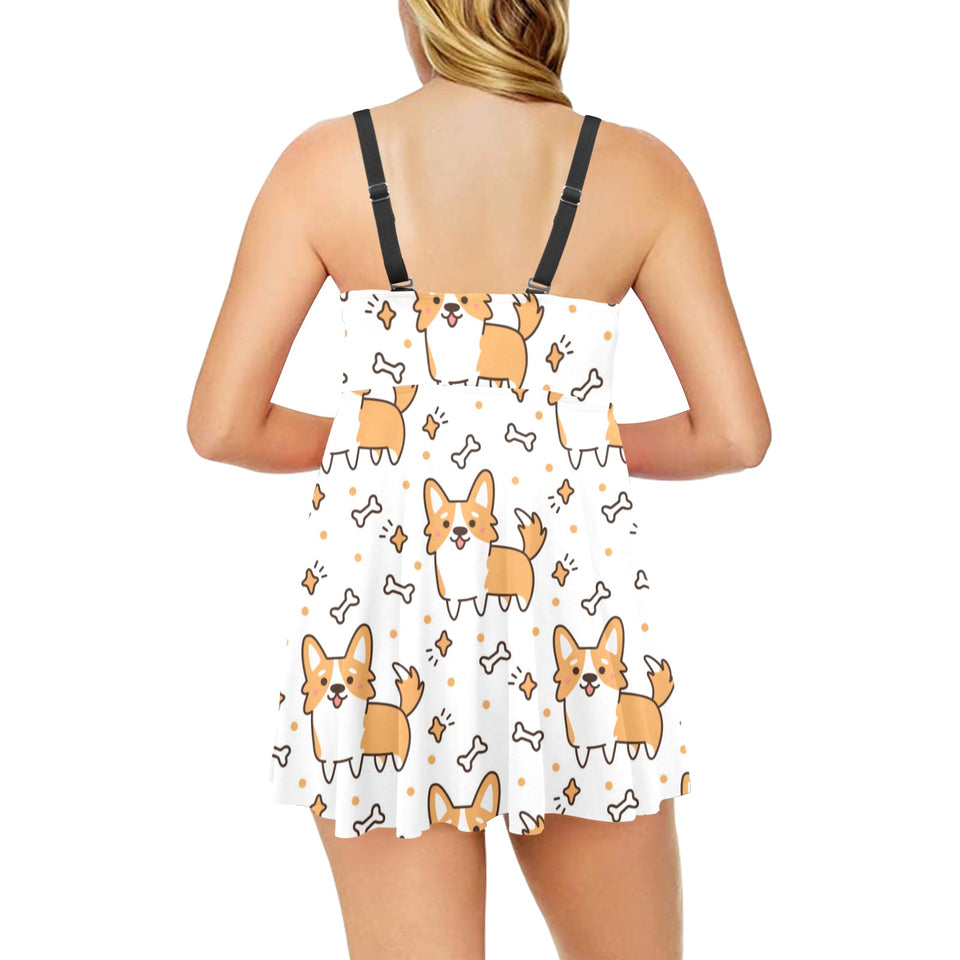 Cute corgi heart star bone pattern Chest Sexy Pleated Two Piece Swim Dress