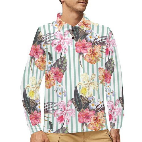 Colorful orchid flower pattern Men's Long Sleeve Polo Shirt