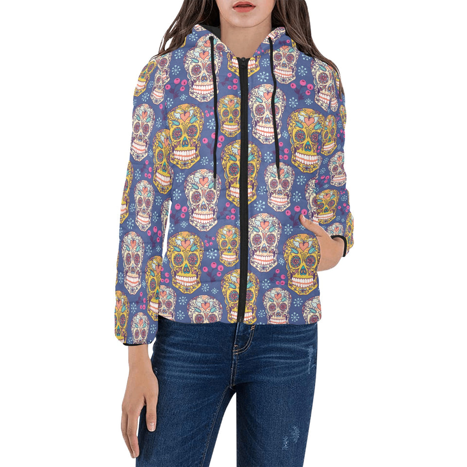 Sugar skull flower pattern Women's Padded Hooded Jacket