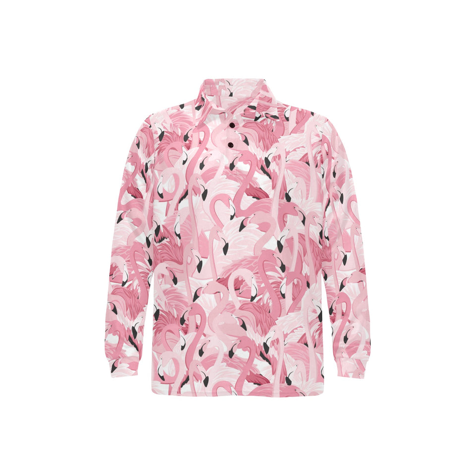 Pink flamingos pattern background Men's Long Sleeve Polo Shirt