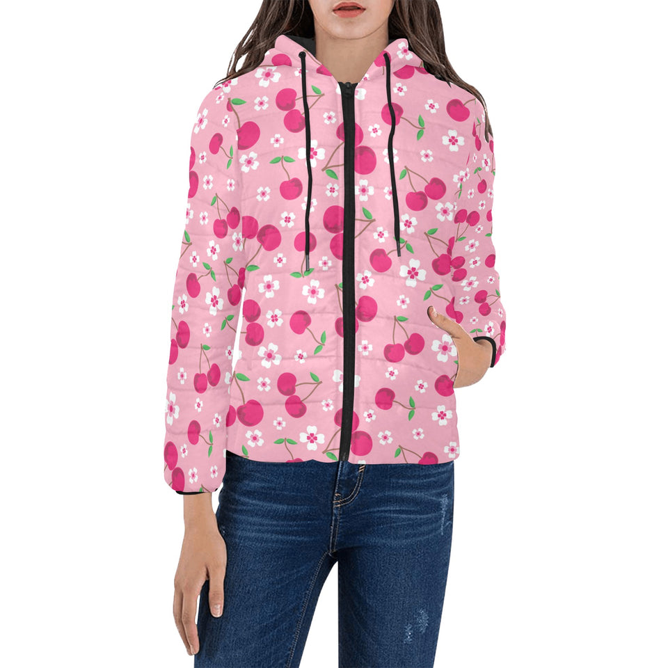 cherry flower pattern pink background Women's Padded Hooded Jacket
