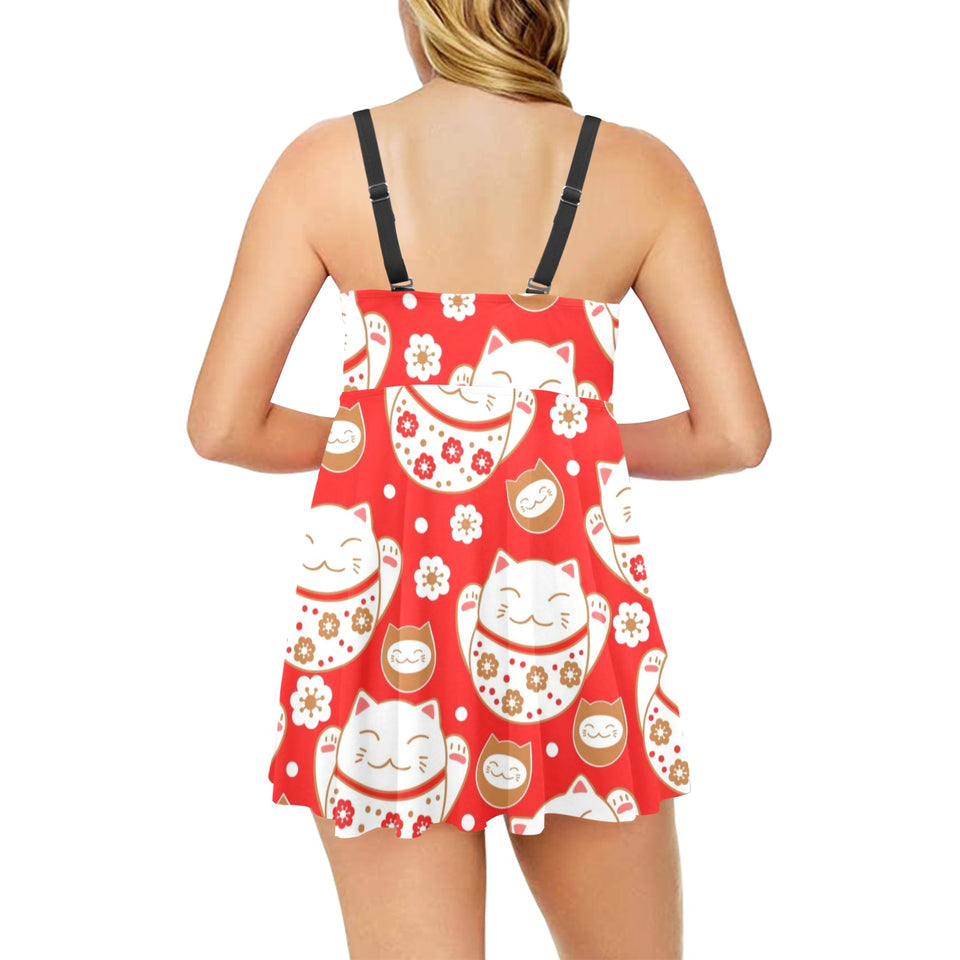 Cute Maneki neko cat red background Chest Sexy Pleated Two Piece Swim Dress