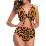Bengal tigers skin print pattern Chest Bowknot High Waisted Bikini Swimsuit