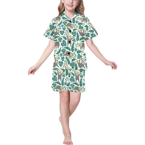 Cute sloths tropical palm leaves white background Kids' Boys' Girls' V-Neck Short Pajama Set