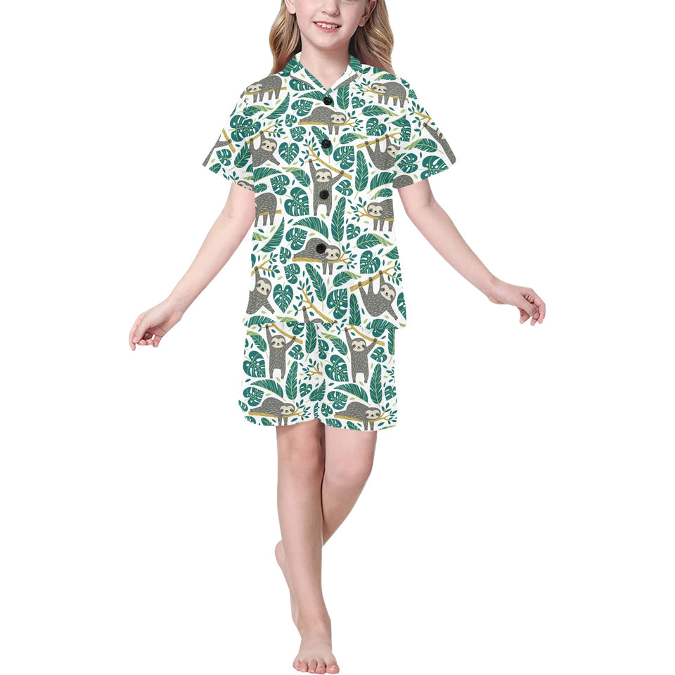 Cute sloths tropical palm leaves white background Kids' Boys' Girls' V-Neck Short Pajama Set