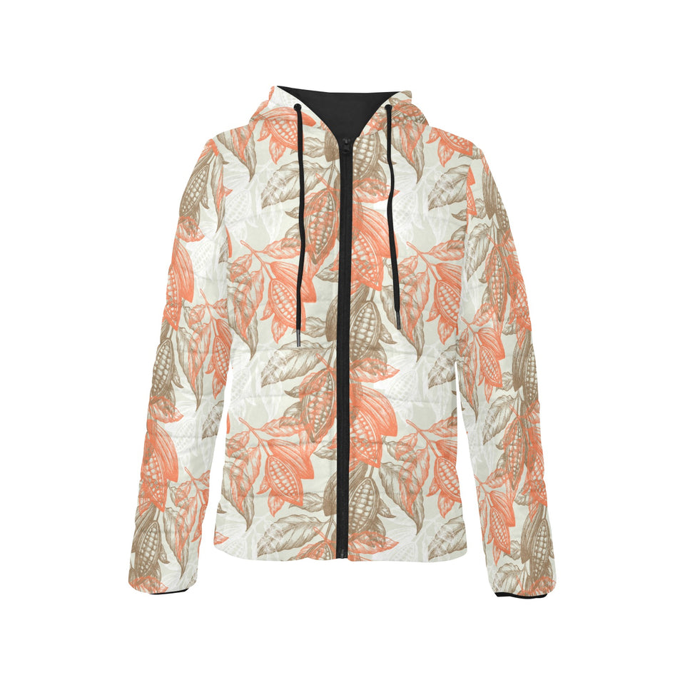 Cocoa beans Cocoa tree pattern Women's Padded Hooded Jacket