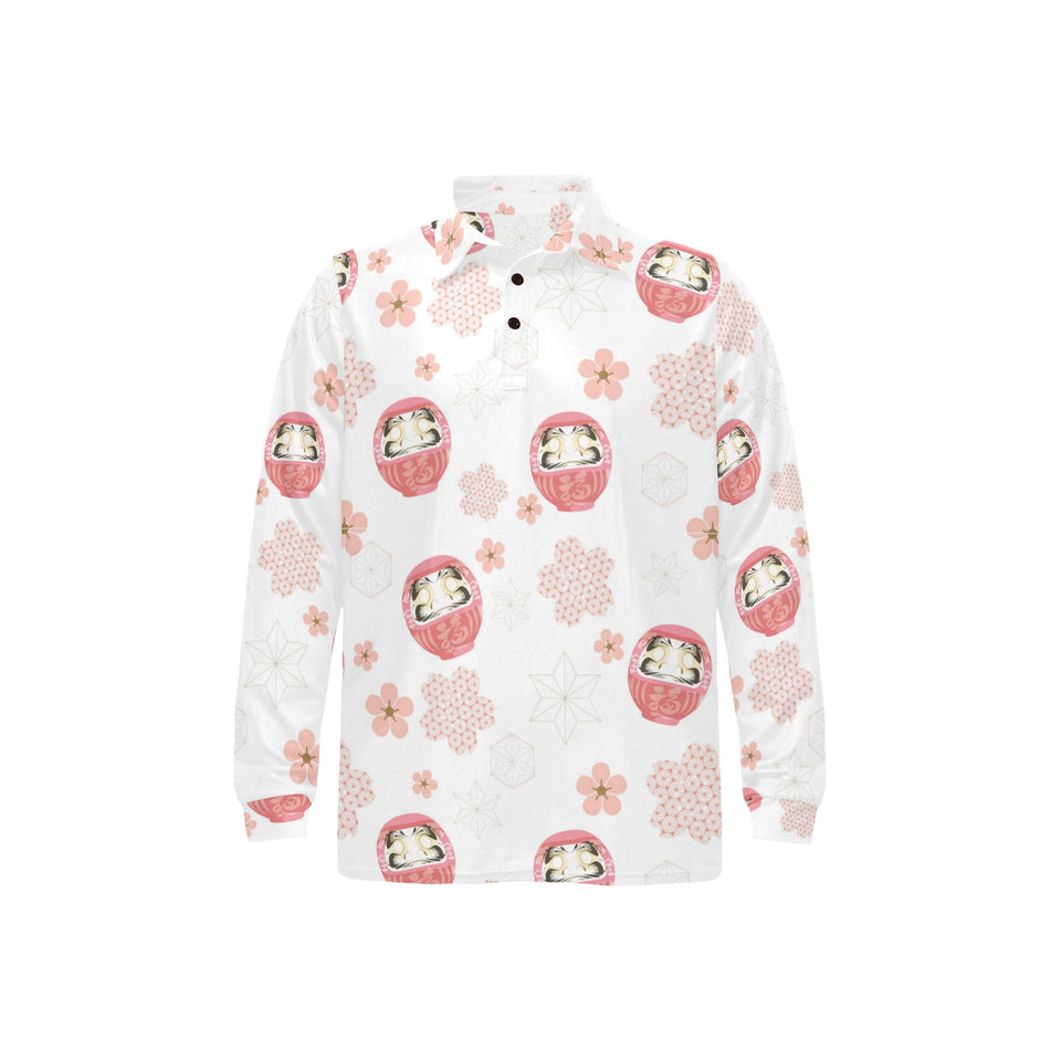 Daruma japanese wooden doll cherry blossom flower Men's Long Sleeve Polo Shirt