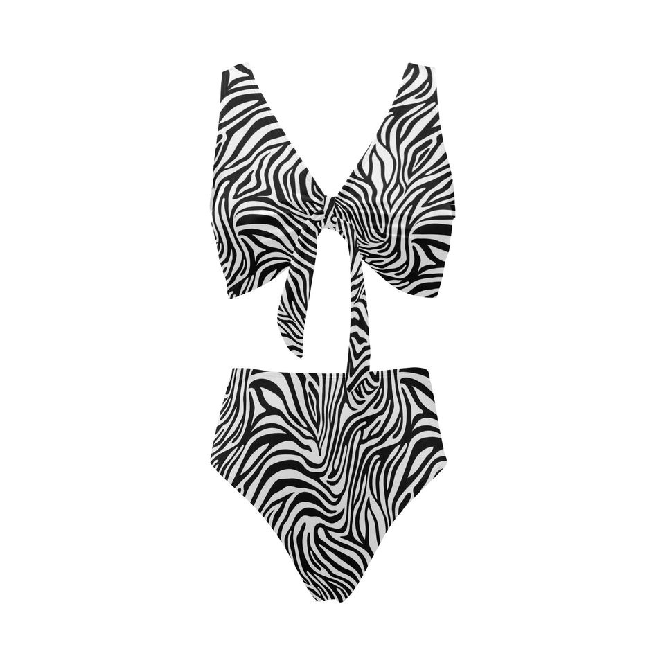 Zebra skin pattern Chest Bowknot High Waisted Bikini Swimsuit