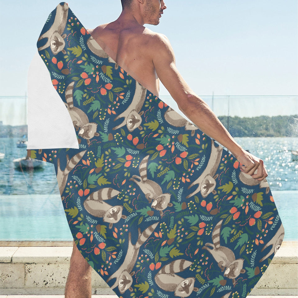 Raccoon tropical leaves pattern Beach Towel