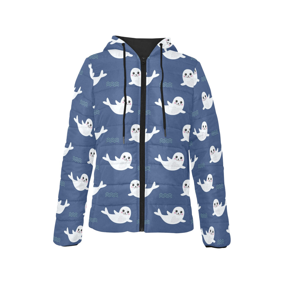 Cute white baby sea lion seal pattern Women's Padded Hooded Jacket