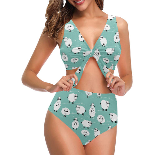 Cute sheep green background Chest Bowknot High Waisted Bikini Swimsuit