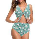 Cute sheep green background Chest Bowknot High Waisted Bikini Swimsuit