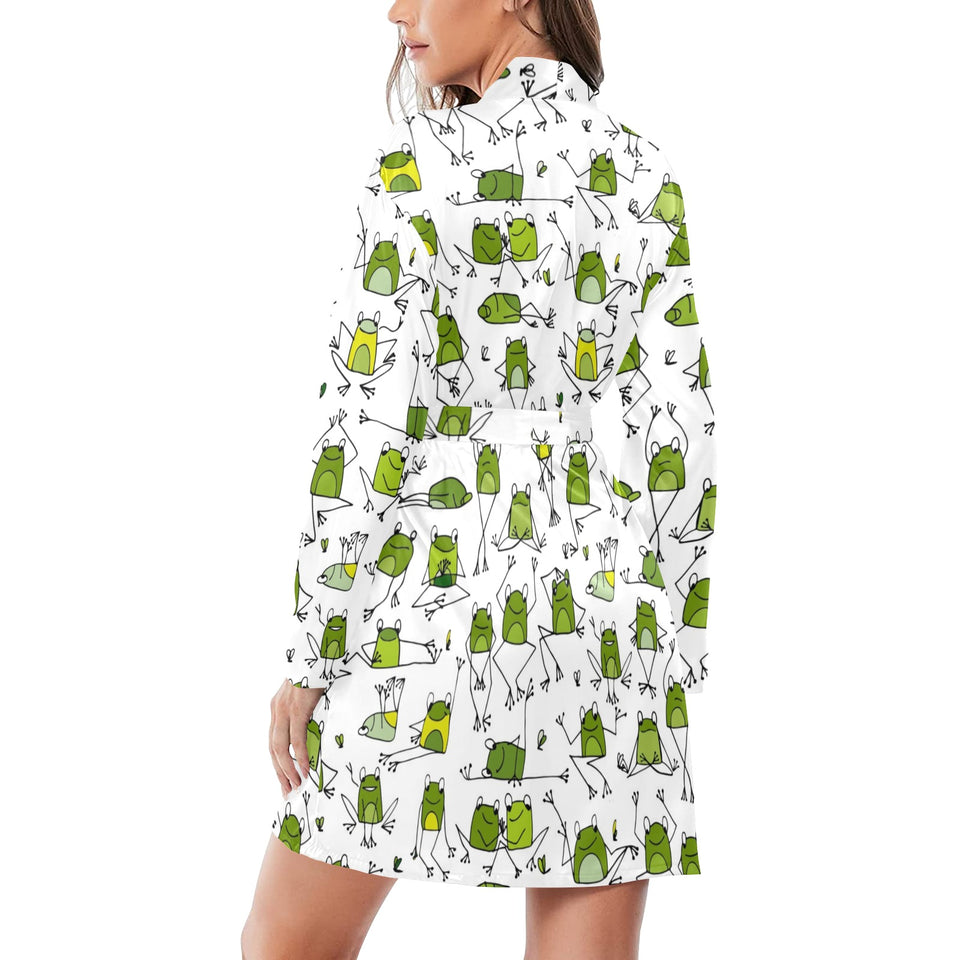 Sketch funny frog pattern Women's Long Sleeve Belted Night Robe