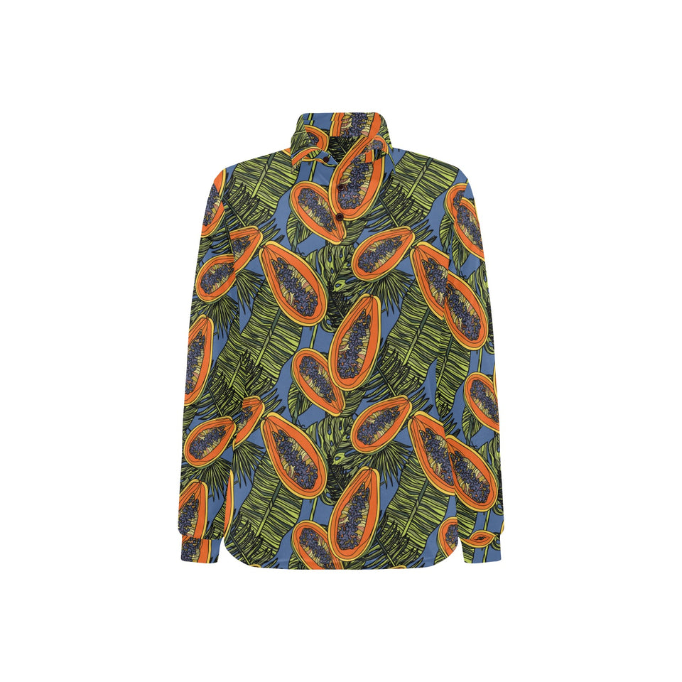 Colorful papaya tropical leaves Women's Long Sleeve Polo Shirt
