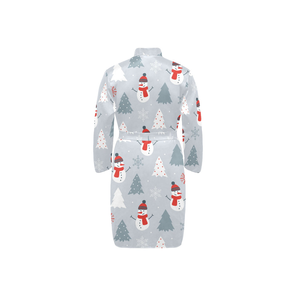 Snowman christmas tree snow gray background Men's Long Sleeve Belted Night Robe