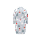 Snowman christmas tree snow gray background Men's Long Sleeve Belted Night Robe