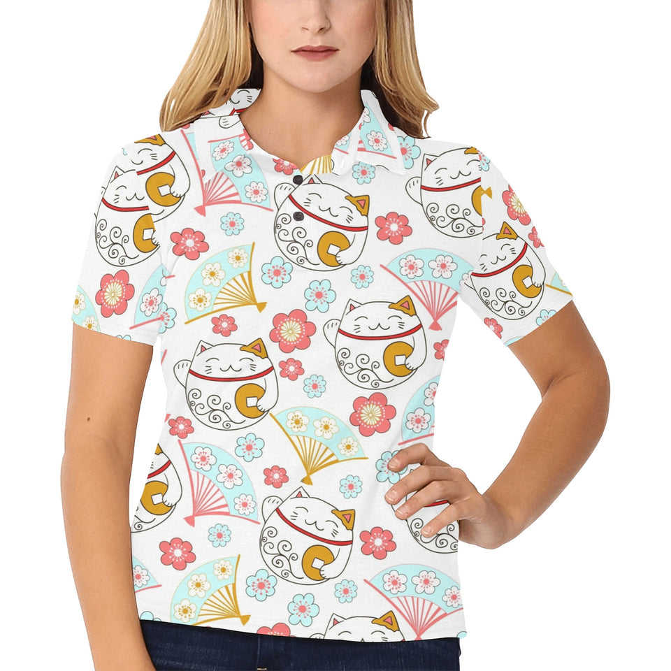 Maneki neko cat fan sakura Women's All Over Print Polo Shirt