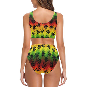 Canabis Marijuana Weed Pattern Print Design 03 Chest Bowknot High Waisted Bikini Swimsuit