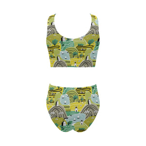 Hand drawn windmill pattern Chest Bowknot High Waisted Bikini Swimsuit
