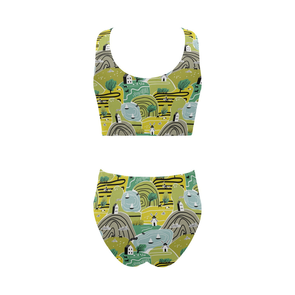 Hand drawn windmill pattern Chest Bowknot High Waisted Bikini Swimsuit