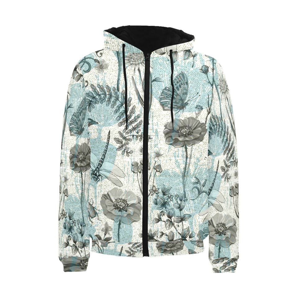 Dragonfly Butterfly Plants insect flower vintage s Men's Padded Hooded Jacket