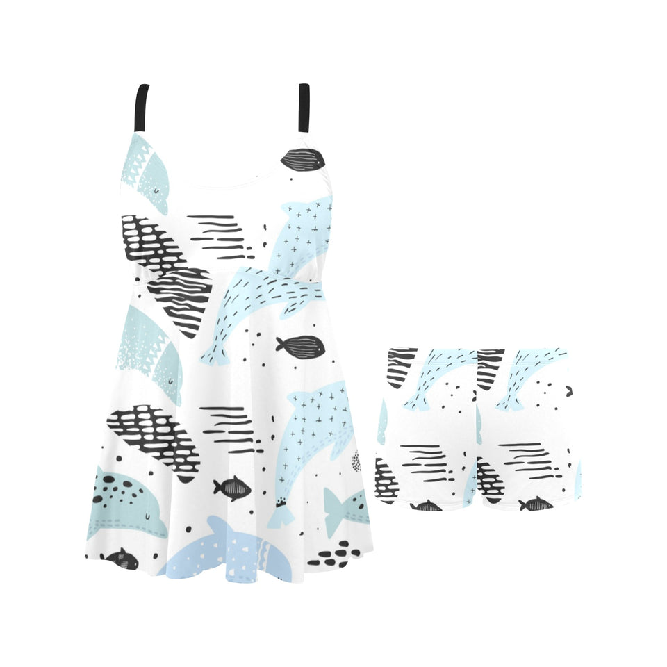 Cute dolphins Childish Style pattern Chest Sexy Pleated Two Piece Swim Dress