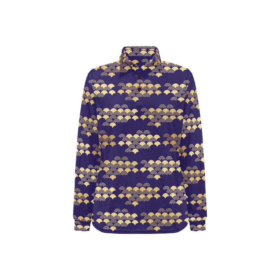 Beautiful japanese fan pattern Women's Long Sleeve Polo Shirt
